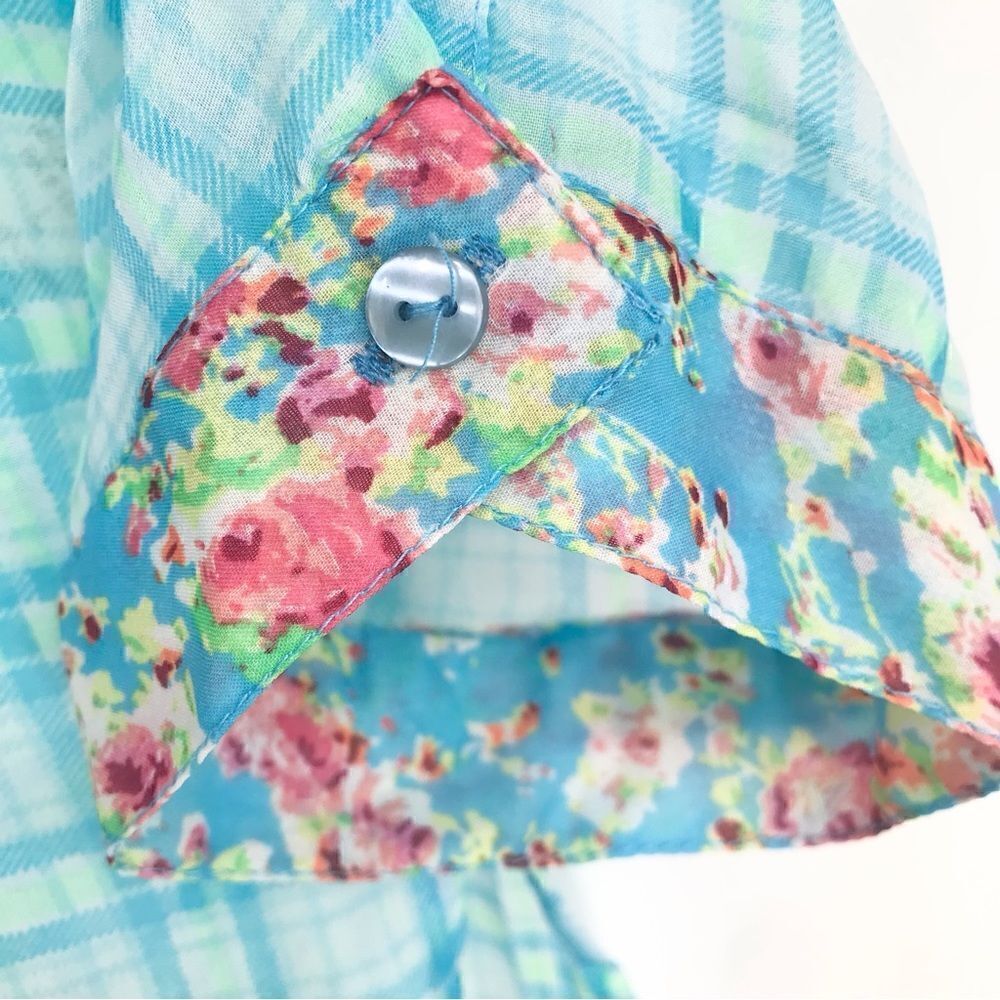 Truth Plaid Floral Teal Semi Sheer Button Down Cottagecore Blouse - Picture 8 of 13